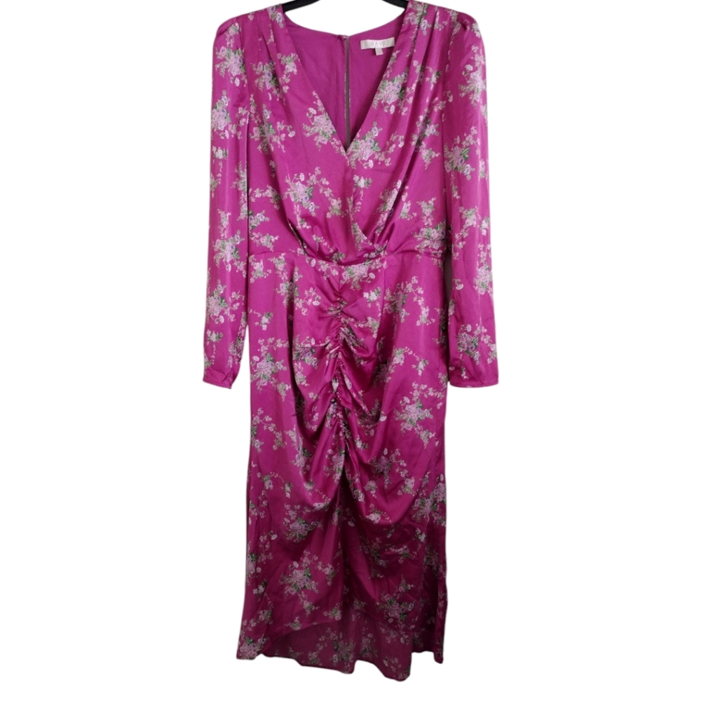 Wayf Ronnie ruched long pink dress magenta bouquet size large